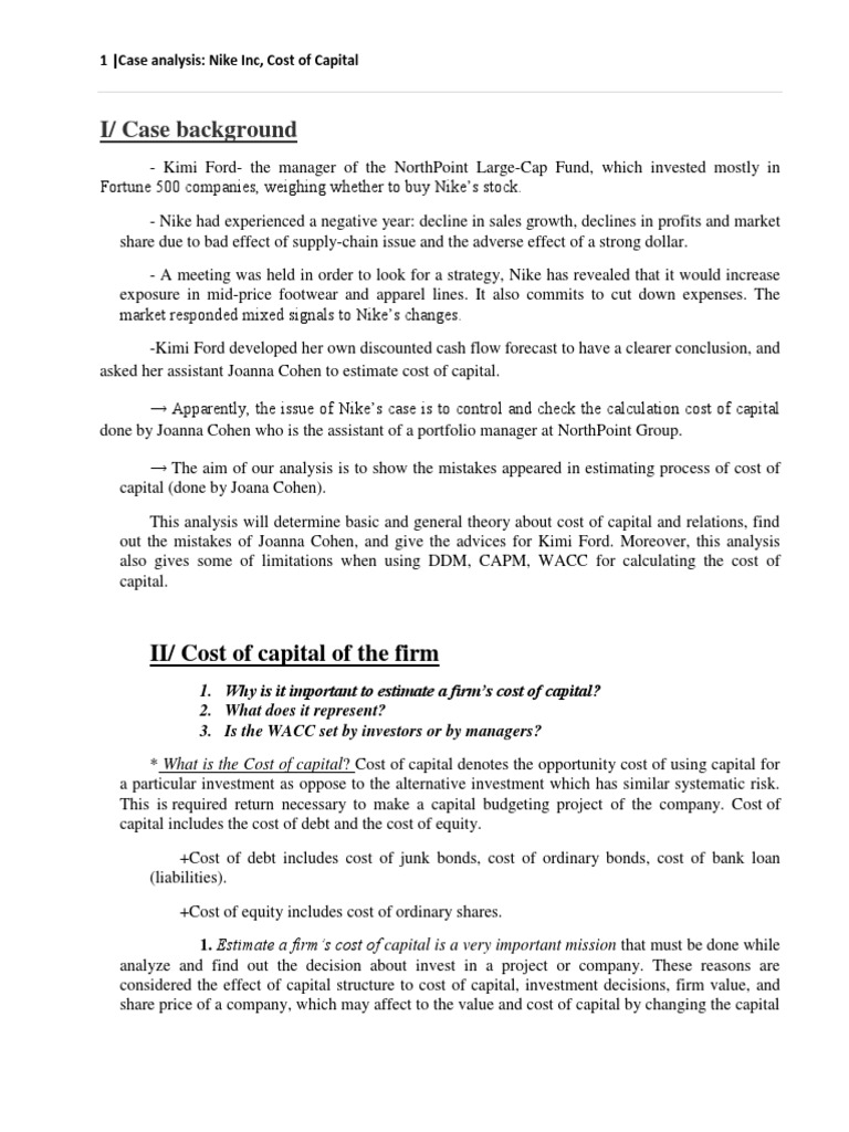 an investment analysis case study nike solution cost of capital formula
